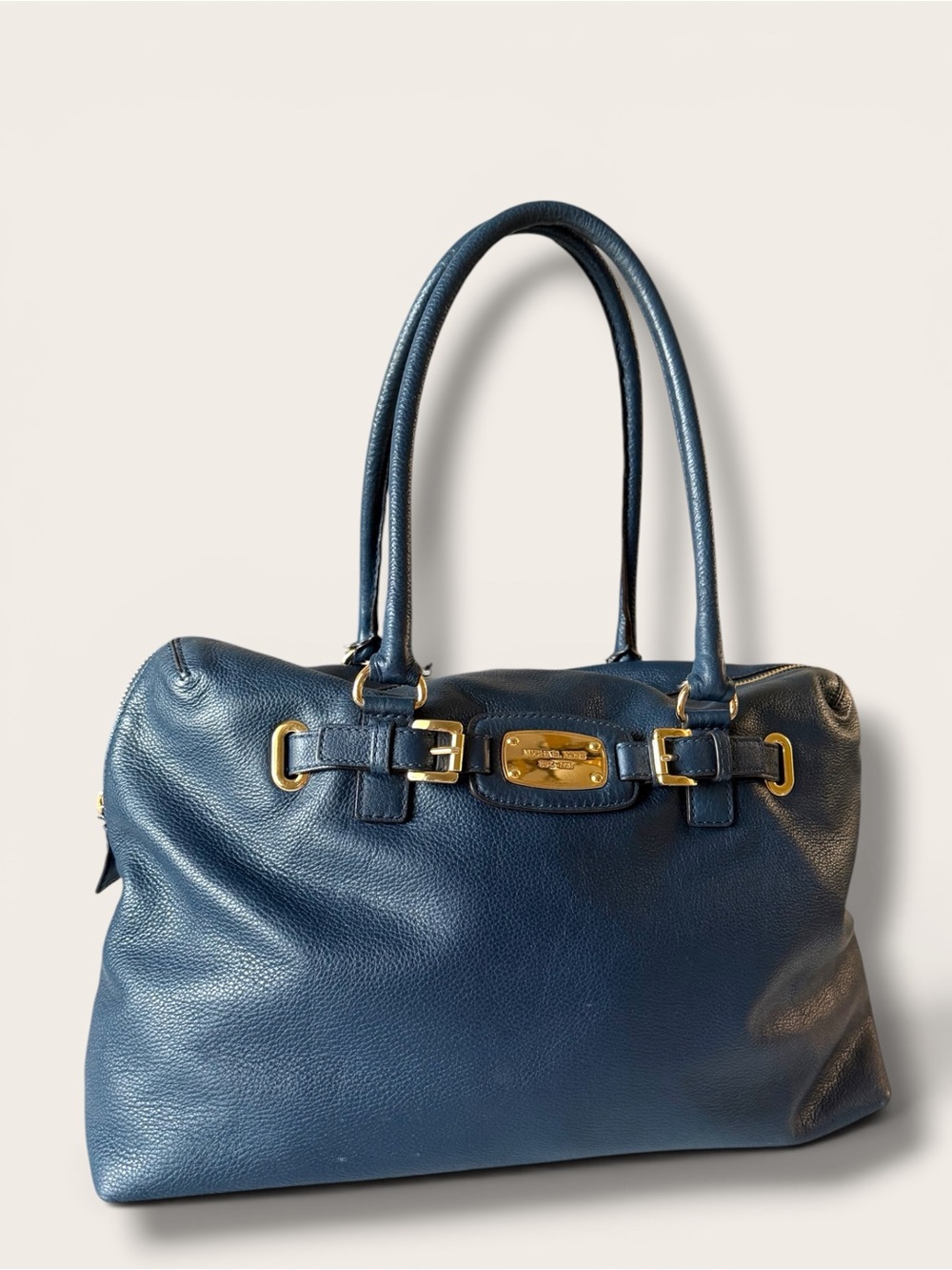 Michael Kors Navy Leather Satchel with Gold Hardware